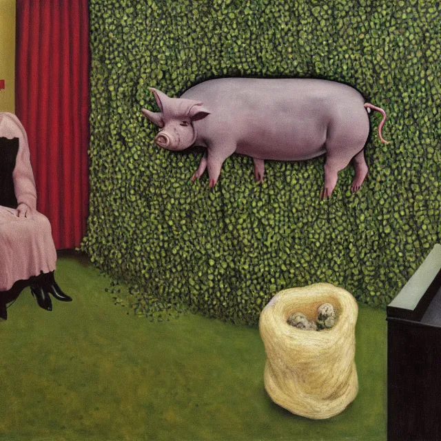 Image similar to a pathology student in her apartment, wrapped in vines, large stones, pig, black walls, black armchair, puddles, moss, acrylic on canvas, surrealist, by magritte and monet