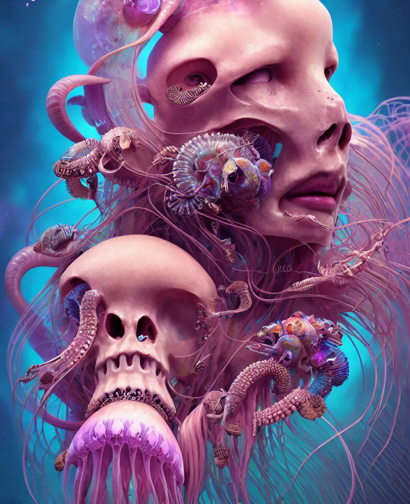 Image similar to goddess princess face close-up portrait ram skull. jellyfish phoenix head, nautilus, orchid, skull, betta fish, bioluminiscent creatures, intricate artwork by Tooth Wu and wlop and beeple. octane render, trending on artstation, greg rutkowski very coherent symmetrical artwork. cinematic, hyper realism, high detail, octane render, 8k