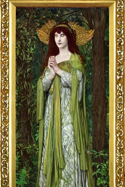 Prompt: beautiful priestess of the forest in a garden | pre-Raphaelites | green and gold silk brocade| floral embroidery |dramatic lighting | Evelyn De Morgan and John Waterhouse |