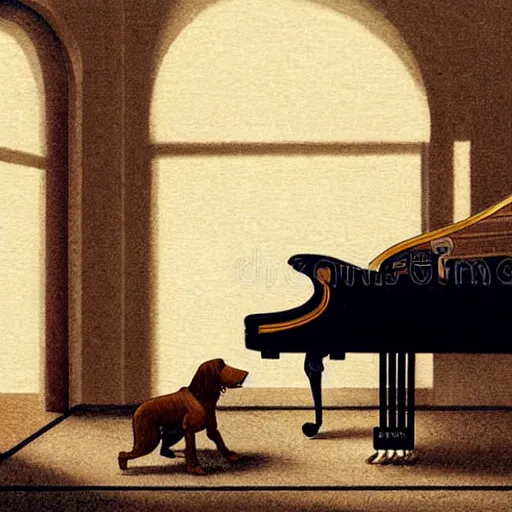 Prompt: a brown spaniel with a white chest , sat down playing a grand piano.modern. book illustration, lighting. Artwork. no text