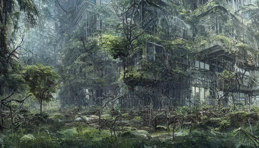 Image similar to Abandoned big hospital covered by vegetation in the forest, hyperdetailed, artstation, cgsociety, 8k