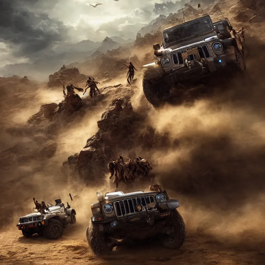 Image similar to Mahindra thar, tribe members attacking, action scene, an epic fantasy, dramatic lighting, cinematic, establishing shot, extremely high detail, photorealistic, cinematic lighting, artstation, by christopher nolan, horizon forbidden west