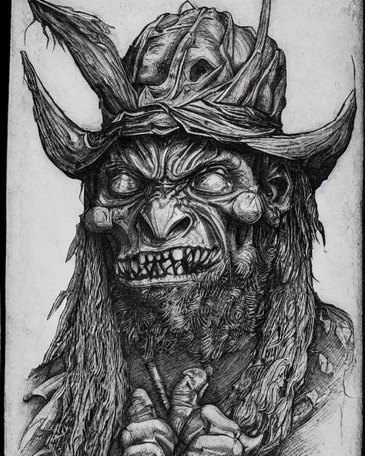 Prompt: orc, fine details, extremely detailed, black and white, very sharp, in the style of albrecht durer