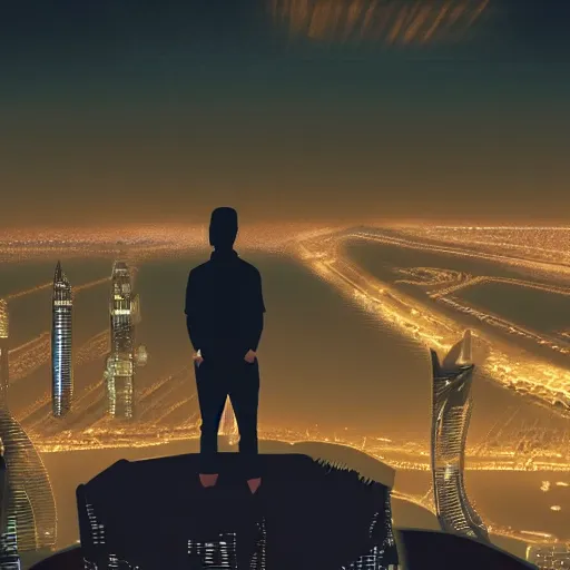 Image similar to closeup of a man [ standing on the pinnacle of the burj khalifa ]!!, holding a camera, viewing out into a [ futuristic cityscape ]!!, dusk atmosphere, digital art illustrated by max hay and greg rutkowski, [ 8 0 s neon art style ]!!, neon wallpaper!!, golden ratio!!, centered!!