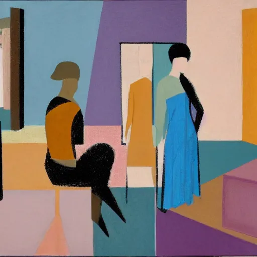 Prompt: A modern abstract painting depicting three women figures in three different rooms doing different poses, pastel modern earthy neutral tones, interesting geometry