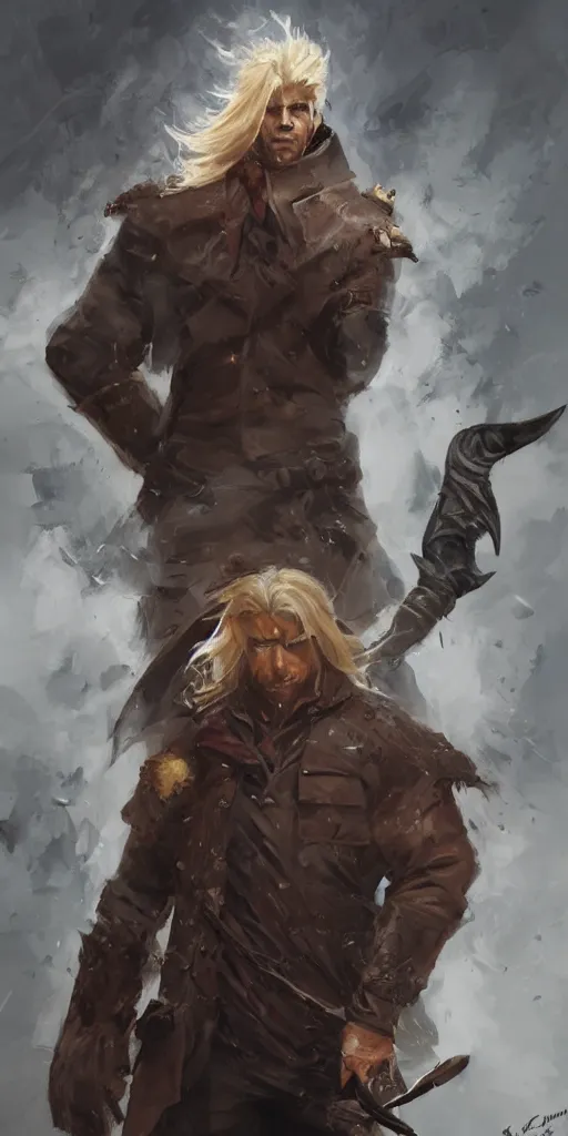 Image similar to portrait of a muscular, grim, ponytail haired blonde man in his late 30's, wearing a thick brown leather coat, looking to his side, holding a fiery dagger, hunter, DnD character, fantasy character, digital art by Ruan Jia, Krenz Cushart, Rossdraws and Boris Vallejo