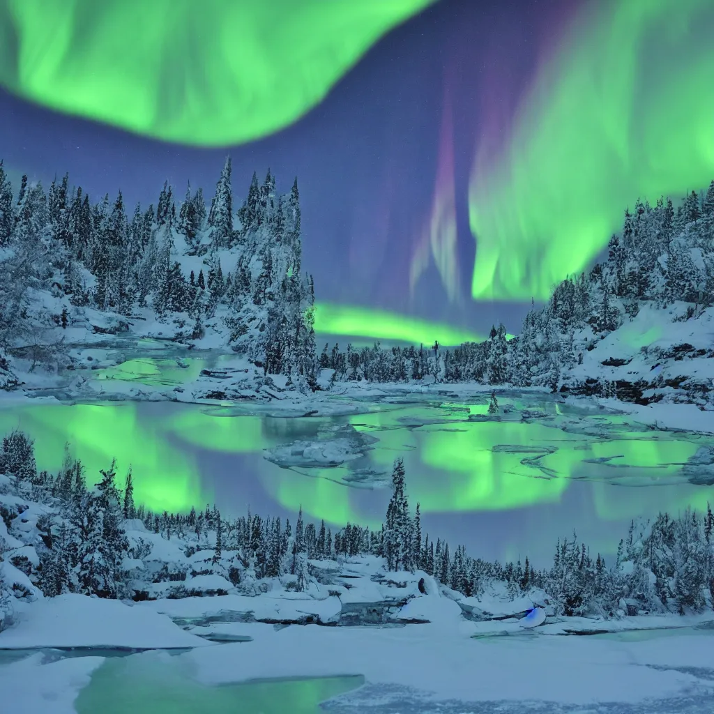 Prompt: frozen lake with aurora lights at night, photorealistic, cinematic, ambeint, 8k detail, ominous, wide angle lens