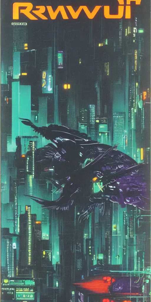 Image similar to 1979 OMNI Magazine Cover of a raven in neo-Tokyo in cyberpunk style by Vincent Di Fate