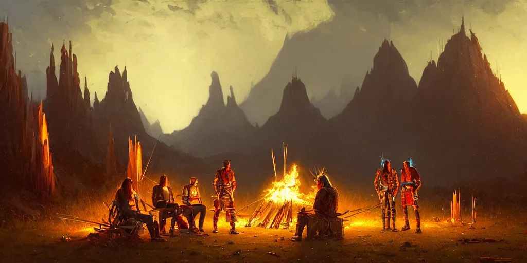 Image similar to an old native american and some cyborgs roboters sitting together at a fire in front of one tipi, beatiful mountain background, cyberpunk, tech wear, by albert bierstadt, by greg rutkowski, highly detailed, warm lightning, digital painting