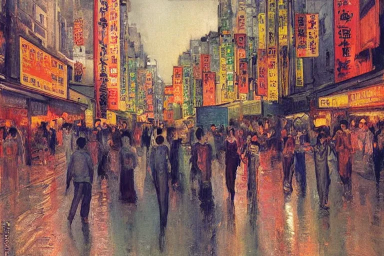 Image similar to dream festival in a city, low angle view from a city street lined with shops and apartments, glowing street signs, revelers playing games and shopping at a night market, oil painting by edvard munch, beksinski, city like hong kong, tokyo, barcelona