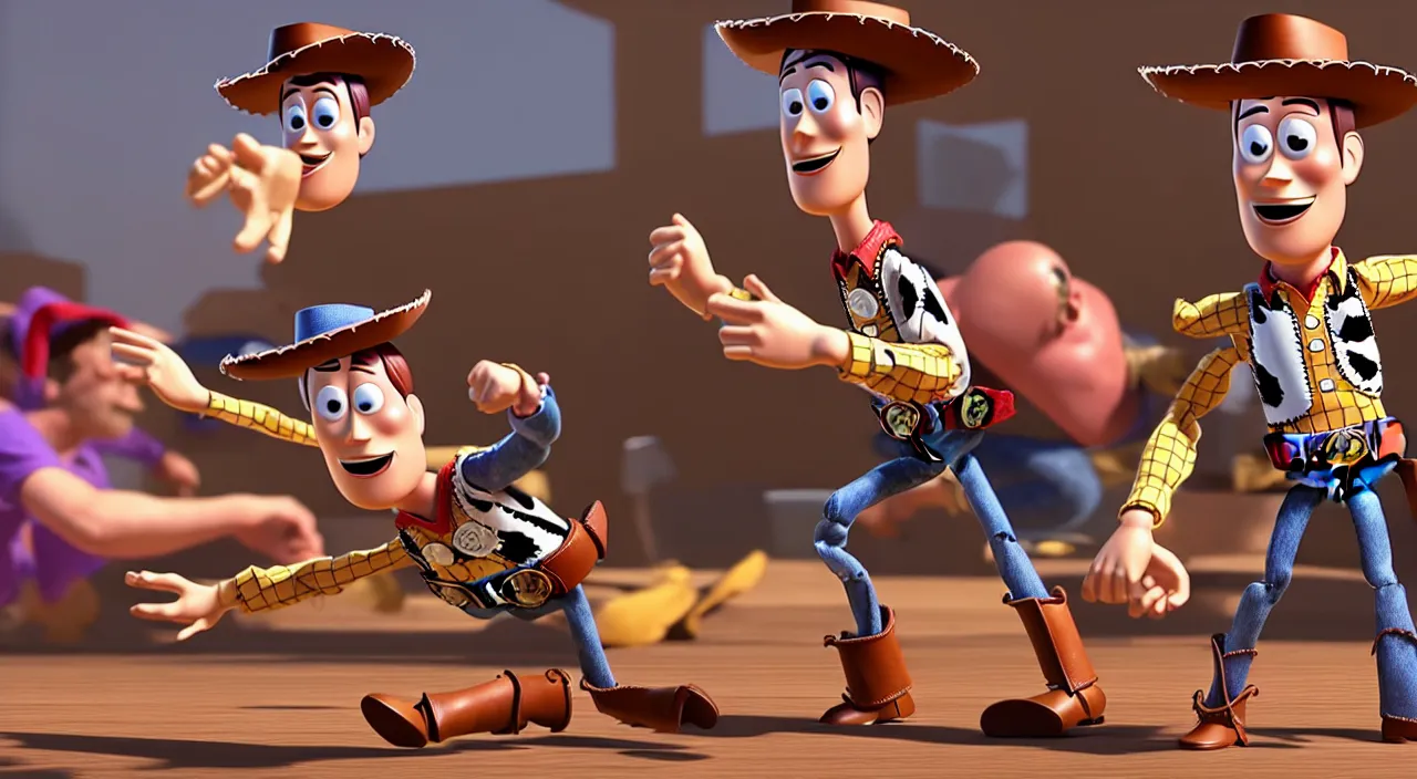 Prompt: Woody from Toy Story fighting his opponent in Fight Club. Cinematic, Award winning, ultra high resolution, intricate details, rendered with unreal engine, UHD 8K