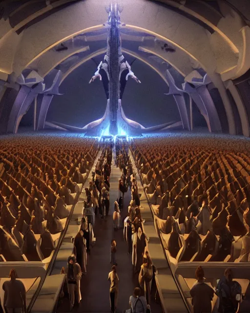 Image similar to scifi movie scene unreal engine 5 render of a crowd in a futuristic church by craig mullins and ghibli, strong contrast, priest, pews, ethereal, inviting, bright, raking light, hyper realism, realistic shading, cinematic composition, blender render, octane render, hdr, detailed textures, photorealistic, wide shot