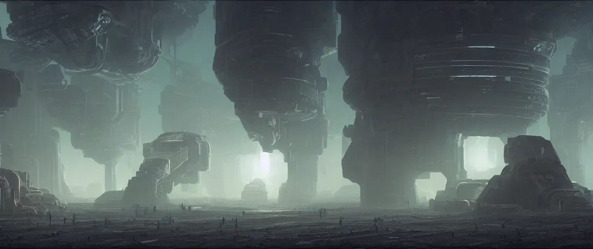 Image similar to Halls of Space by Ben Wanat; illustration, deep space exploration, the expanse tv series, industrial design, space travel, intergalactic, atmospheric, cinematic lighting, 4k, greebles, widescreen, wide angle, beksinski, sharp and blocky shapes, simon stalenhag palette