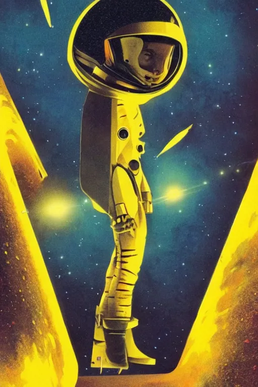 Image similar to poster art, movie poster, retrofuturism, sci - fi, textured, paper texture, 2 0 0 1 : a space odyssey by edward valigursky, yellow space suit