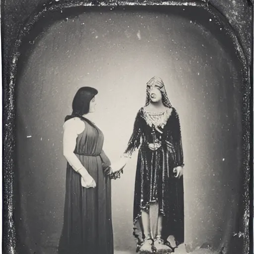 Prompt: A daguerreotype photograph of a gray alien shaking hands with Cleopatra.