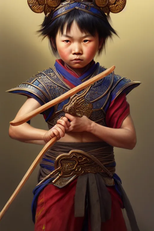 Image similar to a masterpiece portrait of nezha, highly detailed, boy hold spear, chinese fantasy, highly detailed, digital painting, trending on artstation, concept art, sharp focus, illustration, global illumination, ray tracing, realistic shaded, art by artgerm and greg rutkowski and fuji choko and viktoria gavrilenko and hoang lap