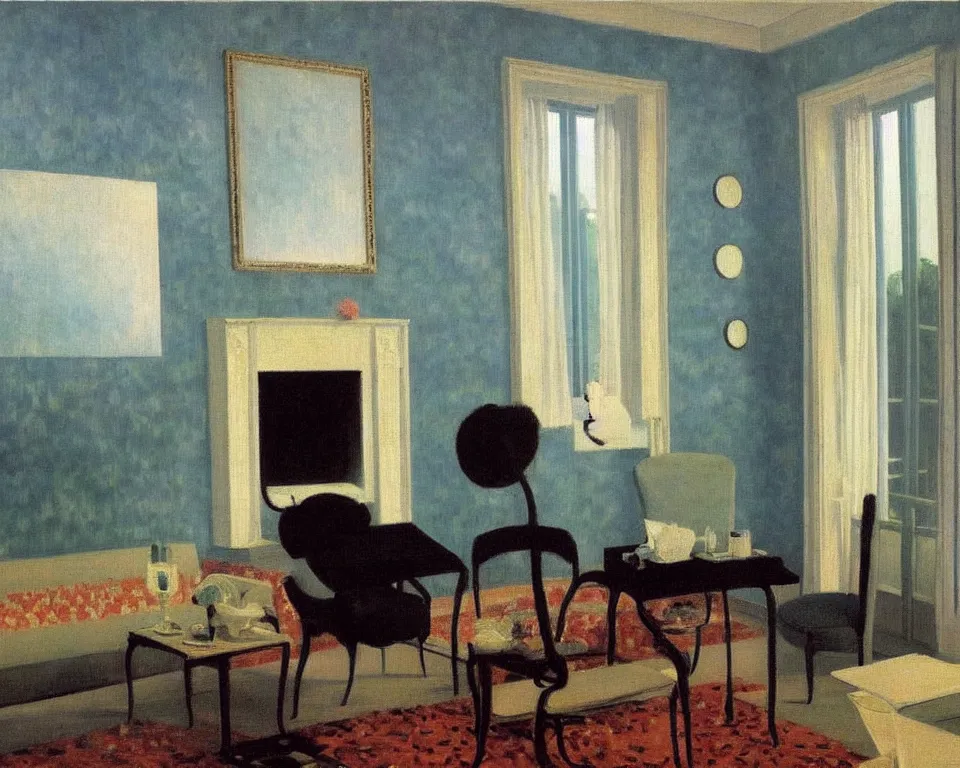 Prompt: achingly beautiful painting of a sophisticated, well - decorated, modern parlor by rene magritte, monet, and turner. whimsical.