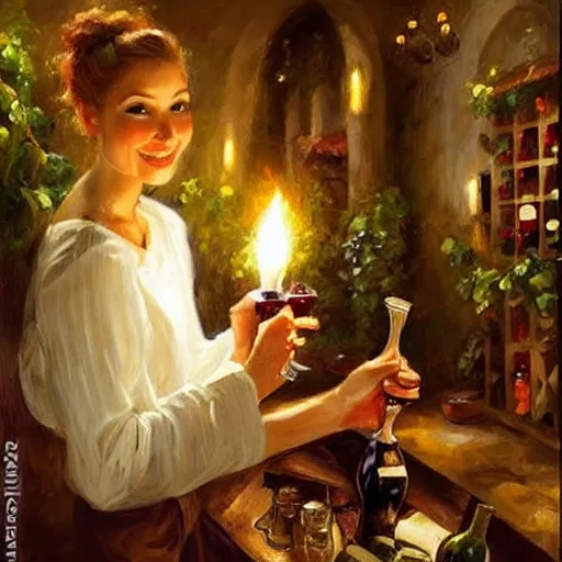 Image similar to wine cellar full of food, torches on the wall, schnapps, romantic, inviting, cozy, blonde woman, painting Vladimir Volegov