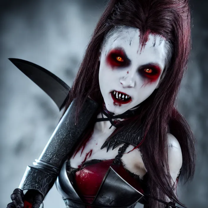 Image similar to photograph of a real-life beautiful! female vampire warrior. Extremely detailed. 8k