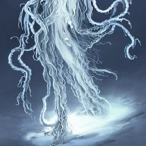 Image similar to concept designs for an ethereal ghostly wraith like figure made from wispy billowing smoke and sparks of electricity with a squid like parasite latched onto its head and long tentacle arms that flow lazily but gracefully at its sides like a cloak while it floats around a frozen rocky tundra in the snow searching for lost souls and that hides amongst the shadows in the trees, this character has hydrokinesis and electrokinesis for the resident evil village video game franchise with inspiration from Shuma gurath from marvel, the franchise Bloodborne and the mind flayer from stranger things on netflix in the style of a marvel comic