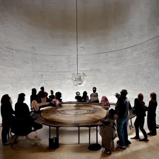 Image similar to A beautiful art installation of a group of people standing around a circular table. In the center of the table is a large, open book. The people in the art installation are looking at the book with interest and appear to be discussing its contents. Tumblr by Gareth Pugh, by Jan Pietersz Saenredam stormy