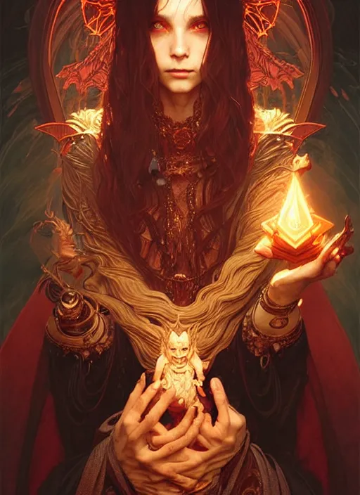 Image similar to a beautiful satanic sorcerer holding a small dragon, perfect hands, intricate, sharp focus, illustration, highly detailed, digital painting, concept art, matte, art by wlop and artgerm and greg rutkowski and alphonse mucha, masterpiece