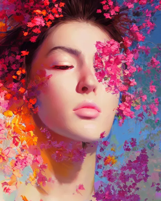 Prompt: A ultradetailed beautiful portrait panting of a stylish woman with a colorful explosion of flowers coming out of her neck, Oil painting, by Ilya Kuvshinov, Greg Rutkowski and Makoto Shinkai