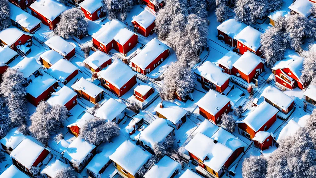 Prompt: a high detailed astonishing wide lens street photo, snow and ice covered houses melting on the sun, architectural drone photography, 8 k, hyperreal