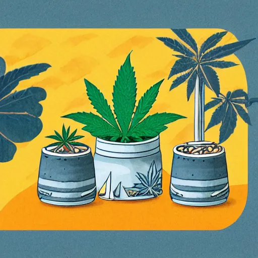 Prompt: isometric cute cartoon illustration bar, decorated with only cute detailed cannabis leaves in two ceramic pots, tables, utopian simple frontage, 2 cute characters, cute poster, beautiful composition pleasing palette by will barnet, watercolor art, hyperrealistic style, inked digital, render fun cartoon