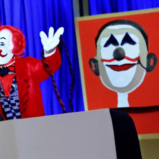 Image similar to string marionette of a president with clown makeup in a podium and a human shadow behind