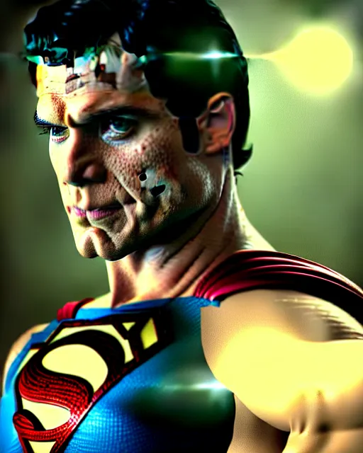 Prompt: hyperrealistic mixed media painting of a henry cavill as depressed superman, dimly lit dive bar, stunning 3d render inspired art by P. Craig Russell and Barry Windsor-Smith + perfect facial symmetry + dim volumetric lighting, 8k octane beautifully detailed render, post-processing, extremely hyperdetailed, intricate, epic composition, grim yet sparkling atmosphere, cinematic lighting + masterpiece, trending on artstation, very very detailed, masterpiece, stunning