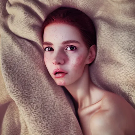 Image similar to portrait of a cute thin young woman, red blush, cute freckles, small smile, modern clothes, relaxing on the beach, cozy living room, close up shot, 8 k, art by irakli nadar, hyperrealism, hyperdetailed, ultra realistic