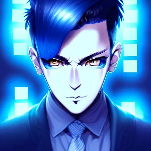 Image similar to a highly detailed portrait of a man with navy blue hair and blue glowing eyes, blue transparent cubes in backround, high detail clothing, concept art, anime, artstation, professional drawing