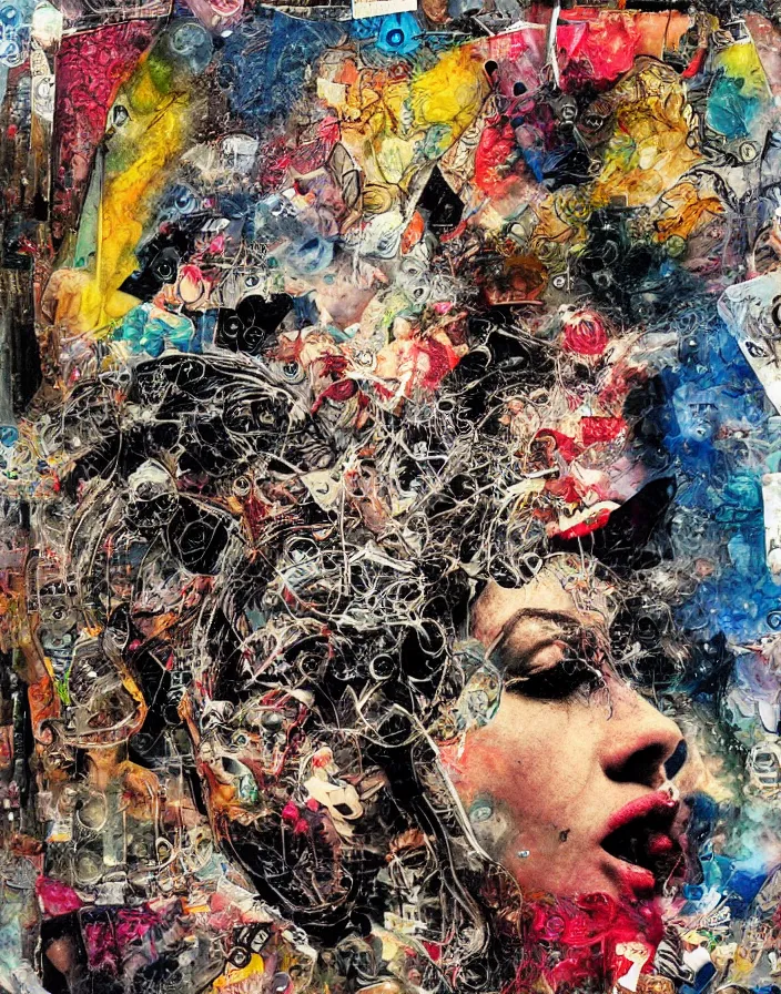 Prompt: rocknroll celestial orgasm detailed and highly reliefed analogue mixed media collage with canvas texture in style of contemporary art, punk art, single realistic face, photorealistic, expressionism, masterpiece, perfect composition, hd quality, intricate details