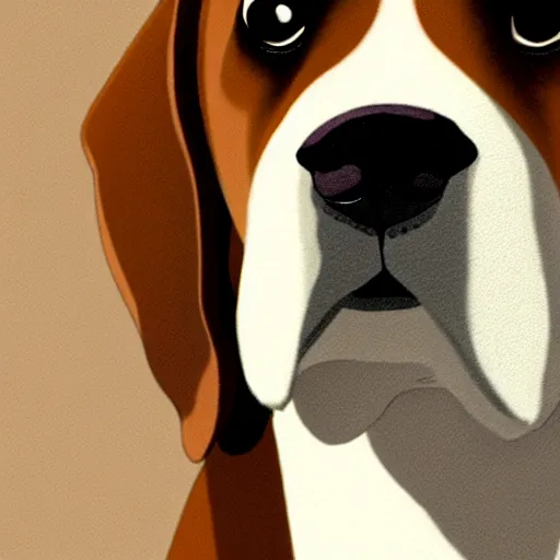 Image similar to centered!! macro head portrait of a beagle, artstation, detailed cartoon, elegant, digital painting, concept art, smooth, sharp focus, illustration, ghibli, makoto shinkai, don bluth, fujita goro, jean giraud, akihiko yoshida, tom whalen 8 k