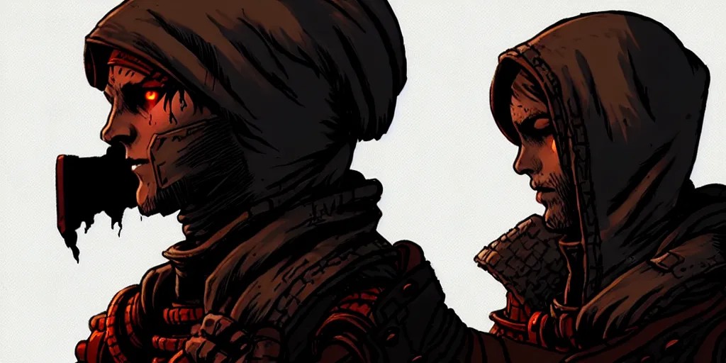 Prompt: rogue character portrait, sprite, hood, darkest dungeon, pc game, sideview, art by moebius and greg rutkowski.