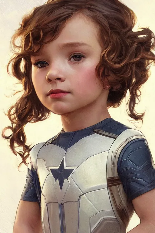 Prompt: a little girl with a michievous face and light brown curly wavy hair. she is dressed as captain america, spider - man, batman, captain marvel, a superhero. clean elegant painting, beautiful detailed face. by artgerm and greg rutkowski and alphonse mucha