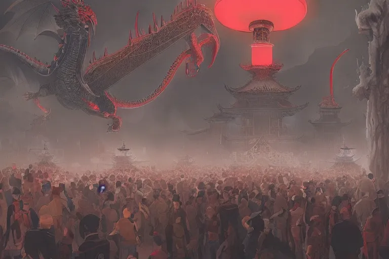 Prompt: lined up crowd are marching toward the chinese palace, big red dragon flying above them, dark atmosphere, light above palace, digital art, trending on artstation