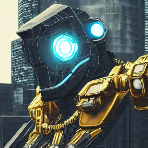 Prompt: photorealistic portrait render of a gangster robot mecha dinosaur wearing a gold chain, in a cyberpunk urban wasteland