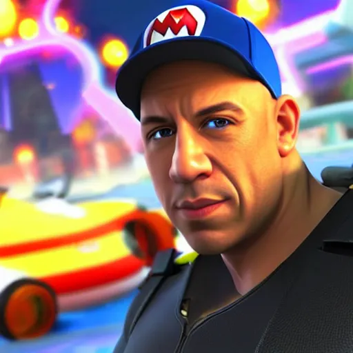 Prompt: Gameplay screenshot of Vin Diesel in Mario Kart, Nintendo, 4k