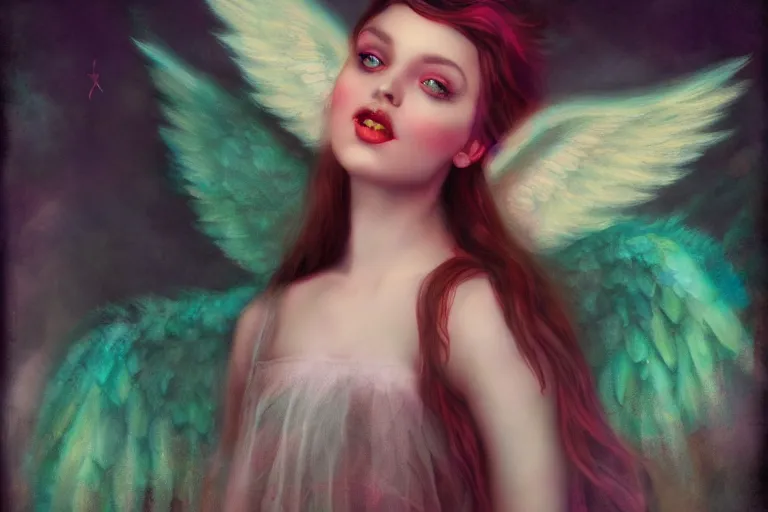 Image similar to pretty angel girl with wings photograph in the style of tom bagshaw, colorful, realistic, 8 k