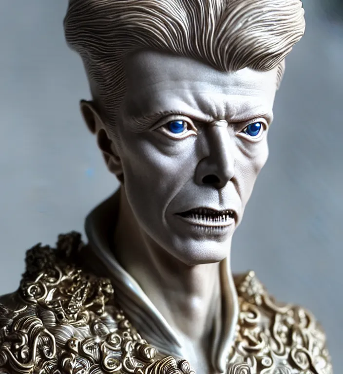 Image similar to David Bowie , A Close up photo-real delicate ceramic porcelain sculpture of a symmetrical ornate detailed in front of an intricate background by Victo Ngai and takato yamamoto, micro detail, backlit lighting, face in focus, subsurface scattering, translucent, thin porcelain, octane renderer, colorful, physically based rendering, japanese pottery, trending on cgsociety