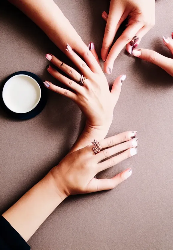 Image similar to an instagram photo of one ultra detailed woman's palm with 5 fingers lying on the table, instagram photo, studio photo