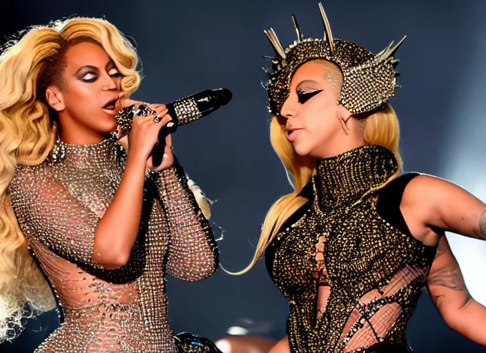 Prompt: beyonce and lady gaga giving a concert, ( eos 5 ds r, iso 1 0 0, f / 8, 1 / 1 2 5, 8 4 mm, postprocessed, crisp face, facial features )