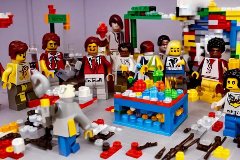 Prompt: jonestown massacre with punch bowl and people laying dowm 1 9 8 5 lego set