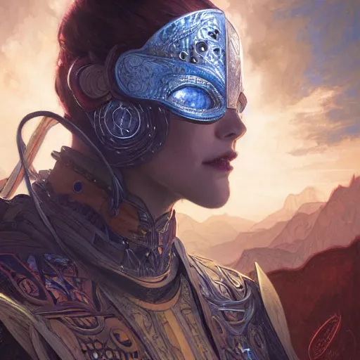 Image similar to portrait of a mystical knight, mystic, spiritual, strange, science fiction, intricate, headshot, highly detailed, digital painting, artstation, concept art, sharp focus, cinematic lighting, illustration, art by artgerm and greg rutkowski, alphonse mucha, cgsociety