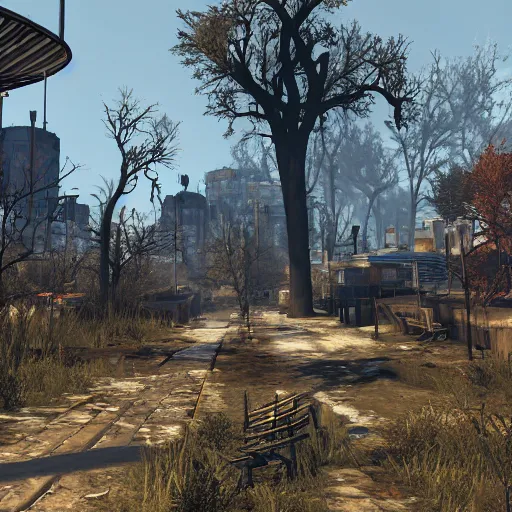 Image similar to central park settlement, post - nuclear war in fallout 4, in game screenshot