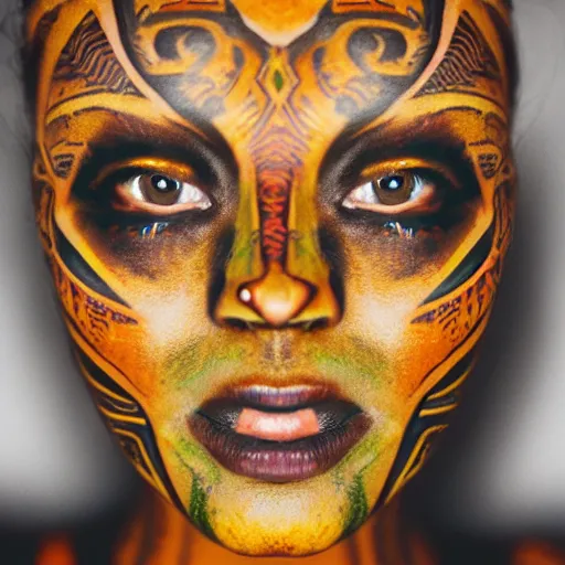 Image similar to portrait photo of a beautiful alien face with tribal tattoos on face, golden hour, 8 0 mm lens