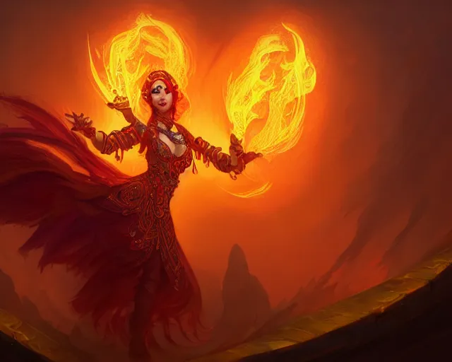 Prompt: fire dancer, deep focus, d & d, fantasy, intricate, elegant, highly detailed, digital painting, artstation, concept art, matte, sharp focus, illustration, hearthstone,