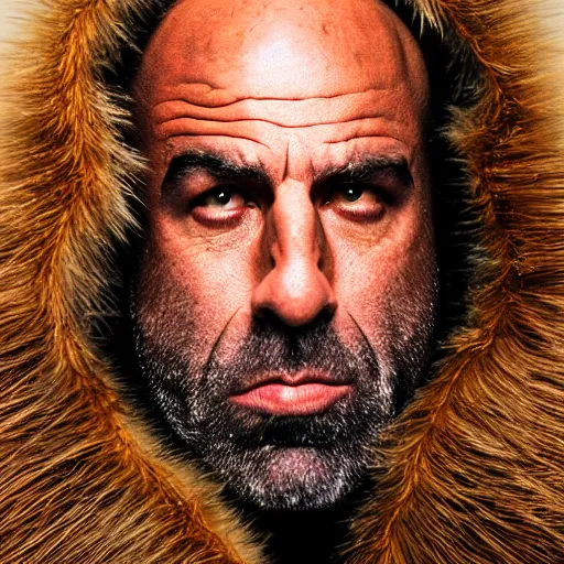 Prompt: Photo portrait Joe Rogan as a neanderthal cave man wrapped in fur cloak lit by fire cave background dramatic lighting 85mm lens by Steve McCurry